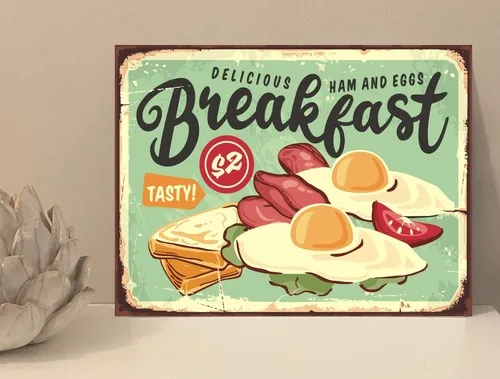 1x Breakfast Rustic Retro Metal Plaque Sign Gift House Novelty (mt85) --Tin Sign