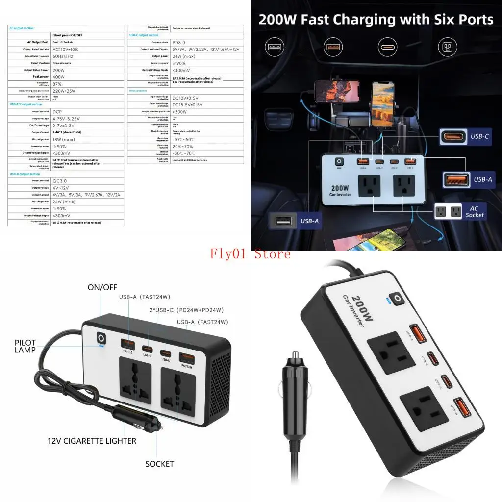 

200W Vehicle Power Inverter DC12V to AC110V Plug Adapter with USB Ports for Laptops and Outdoor Adventures Camping Needs