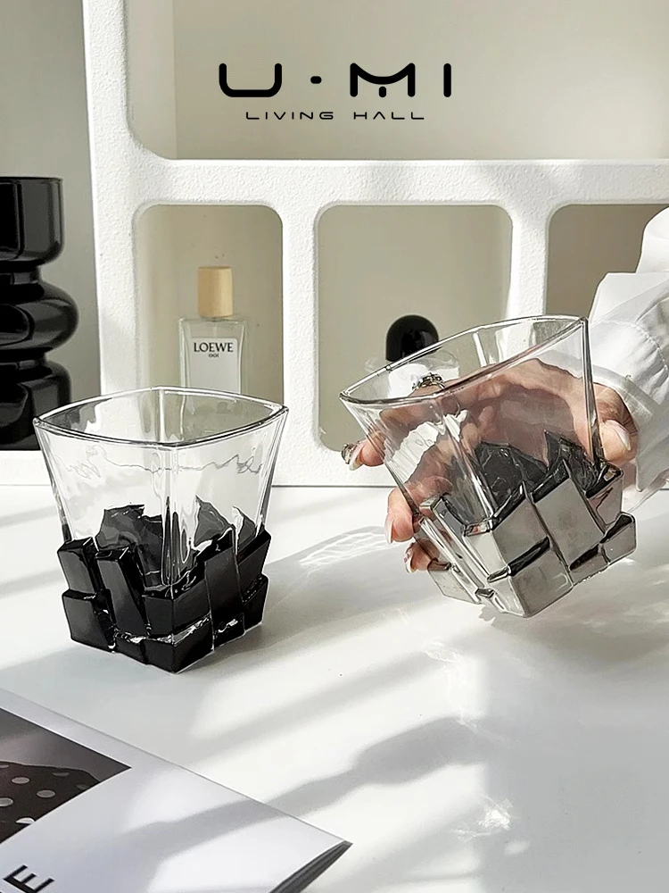 U Mi LIVING Luxury Whiskey Glass Creative Artistic Sense Ice Cube Cocktail Glass Simple Style Square Shape Single Layer Glass