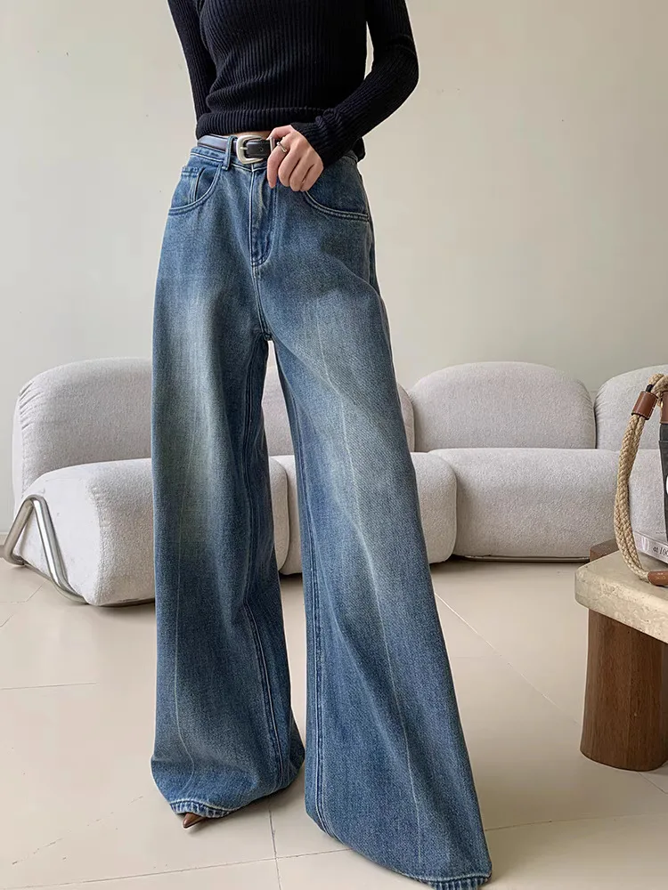 

Blue Washed Casual Jeans for Women Floor Mopping Spring Autumn New in Style Straight Leg Loose Wide Leg Pants Long Pants