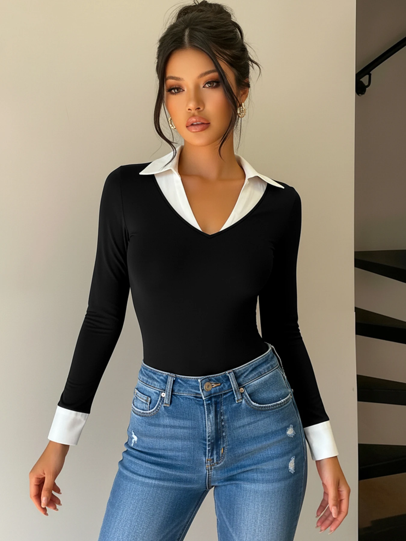 

Cross-border foreign trade black and white contrasting color patchwork shirt collar slimming one-piece dress for women