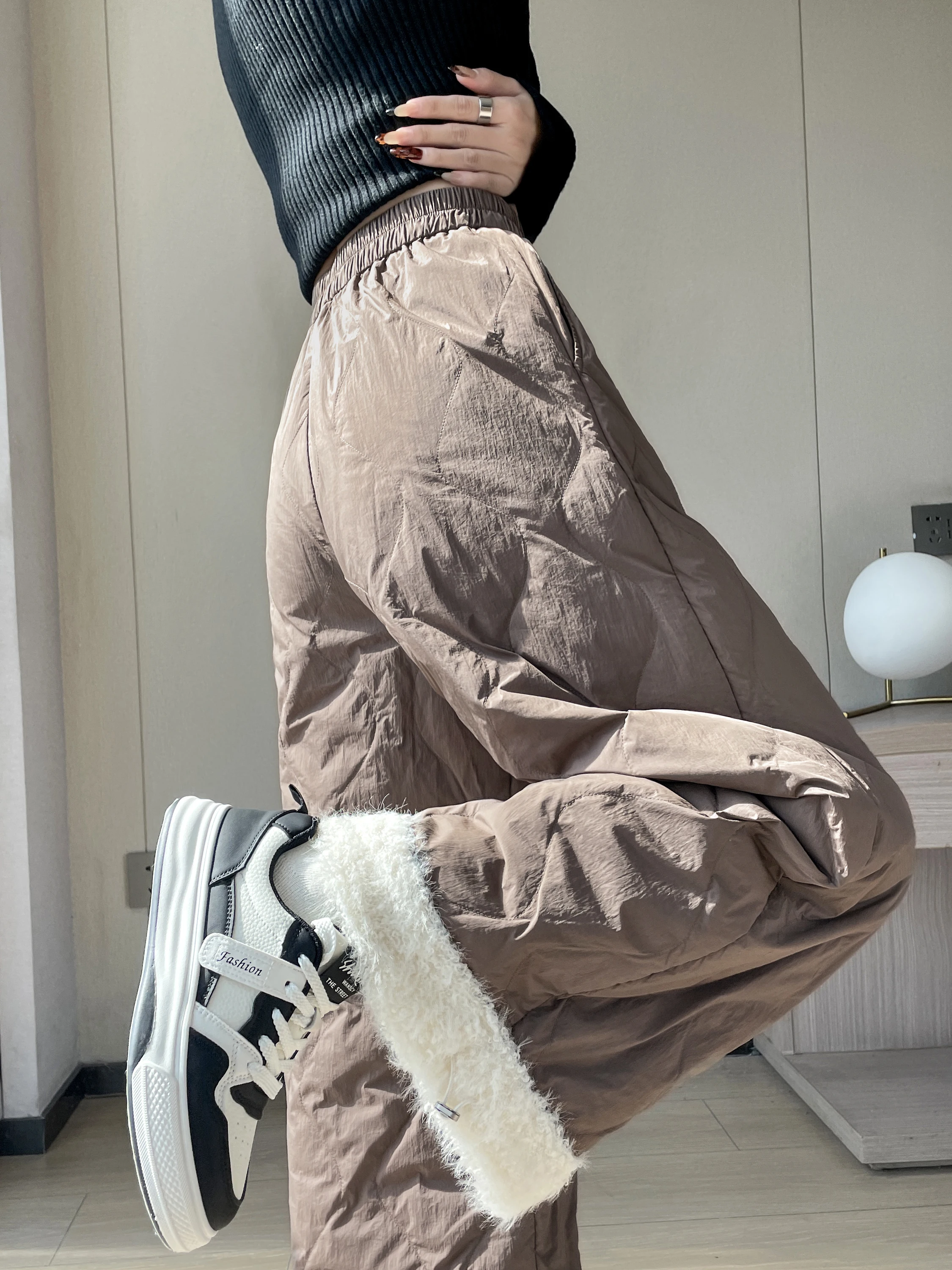 White Cotton Blend Frayed Hem Windproof Women's Winter High Waist Slimming Casual Wide Leg Pants Nine Point Pants