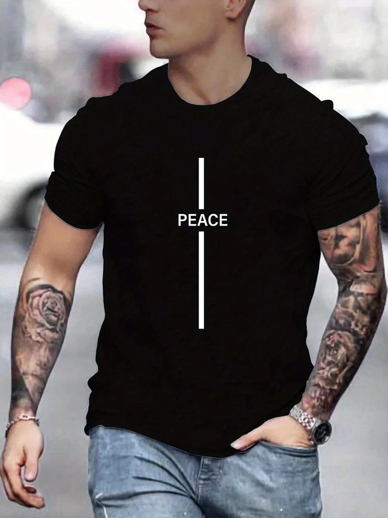 

Men's Casual T-shirt With "PEACE" Print, Short Sleeve Crew Neck Tee For Summer