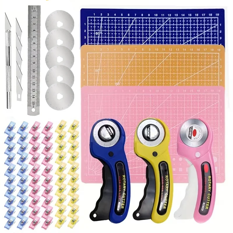 

25PCS Rotary Cutter Set Quilting Kit 45mm Fabric Cutter with Blades & A4 Cutting Mat & Craft Knife Set & Sewing Clips for Sewing