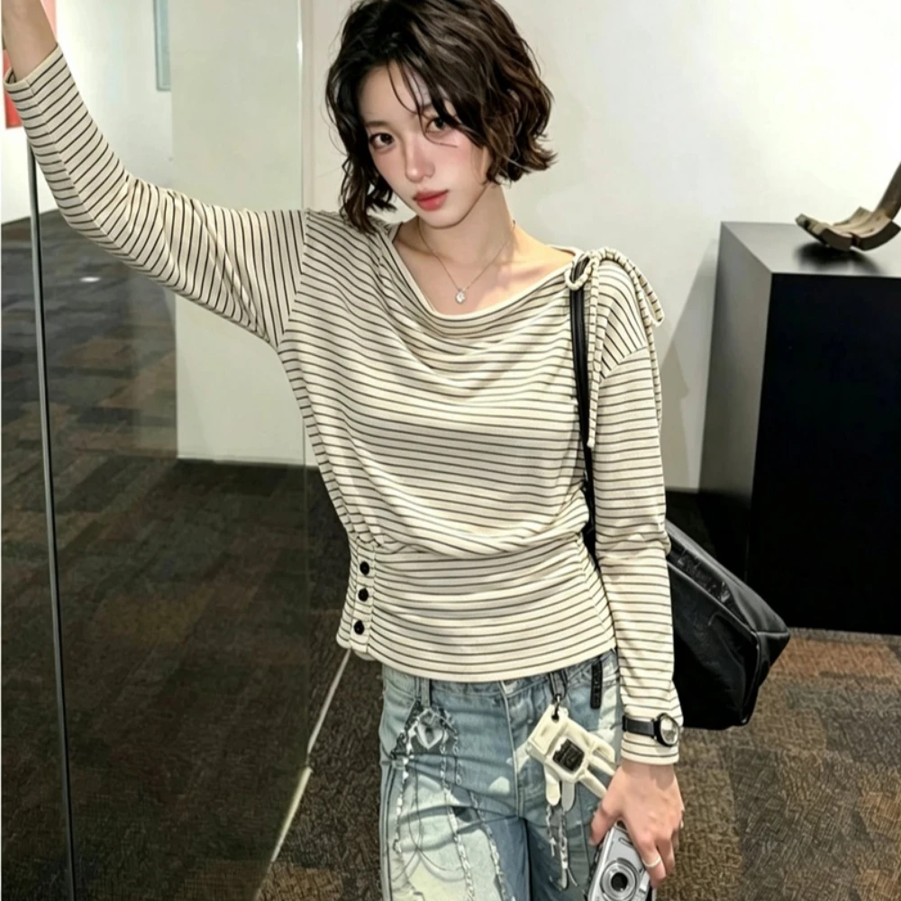 Women Striped Long Sleeve Top Off Shoulder Draped Neck Drawstring Slim Waist Button Decor Casual Tee
