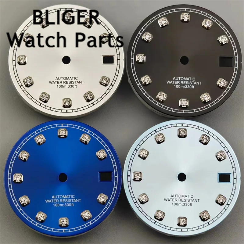 BLIGER 29 mm wijzerplaat zwart blauw hemelsblauw roze goud groene wijzerplaat met diamant index datum fit NH35 beweging gemodificeerde vervanging