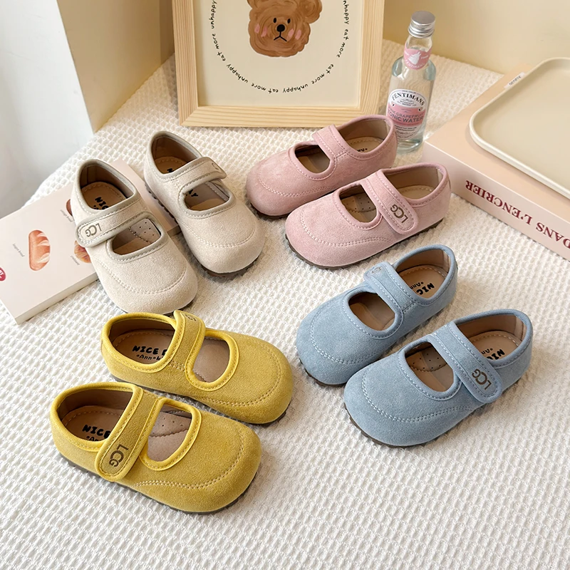 

New 2025 Spring Children Princess Shoes Girl's Ballet Flats Fashion Concise Style Nubuck Leather Shallow All-match Walking Shoes