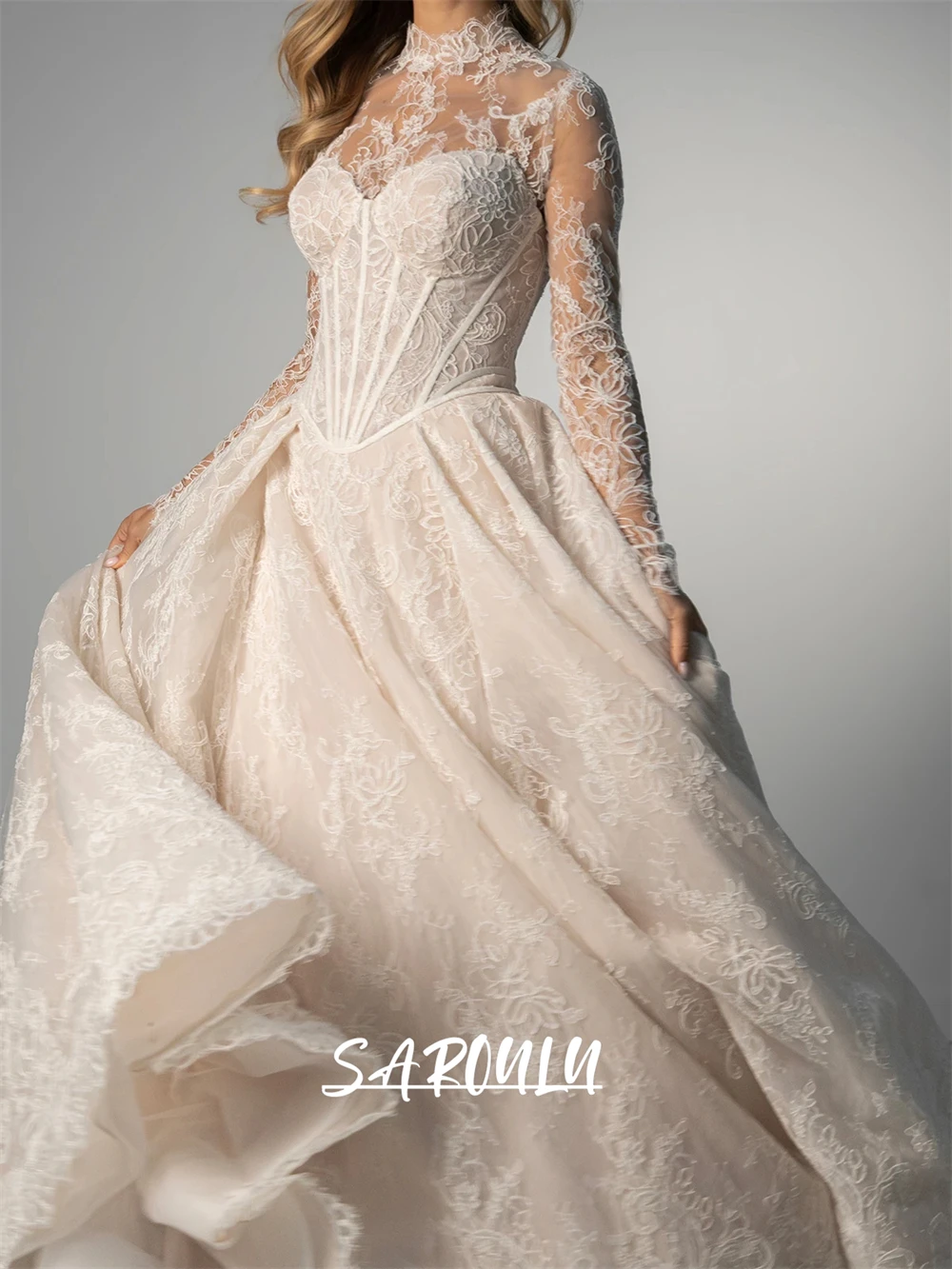 

Illusion Lace Corset Wedding Dresses for Women 2025 High Neck A Line Long Bride Dress Customized Long Bridal Gown Court Train