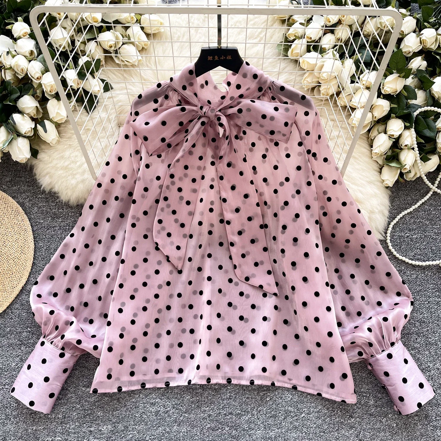 2025 novo verão feminino vintage bolinhas topos manga puff arco rendas até design blusas temperamento gaze básico de luxo camisa solta