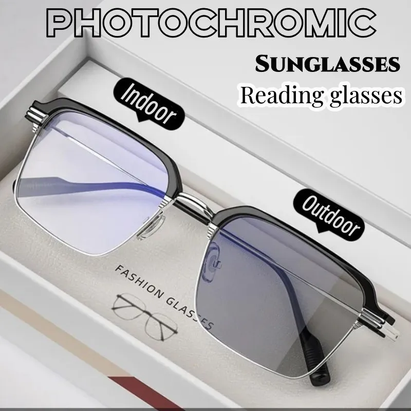 Trendy Fashion Photochromic Reading Glasses Men Mental Frame Far-sighted Eyewear Outdoor Ultraviolet Protection Sunglasses