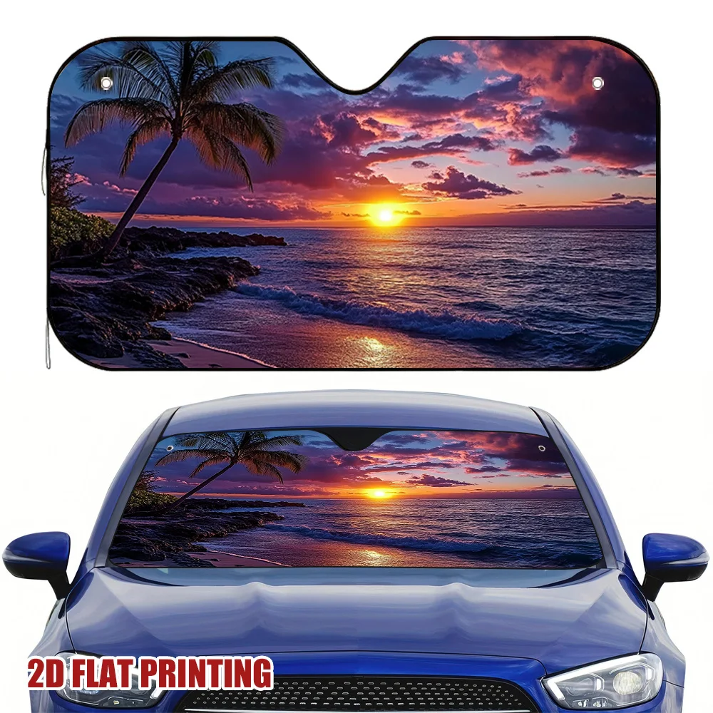 Tropical Sunset by the Ocean Car Sun Visor Universally Applicable Prevents Excessive Heat Build-Up for Long-term Parking