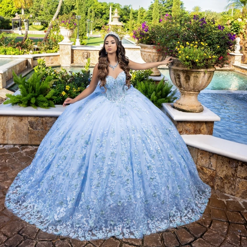 

Sky Blue Shiny Princess Quinceanera Dress Ball Gown Off The Shoulder Lace Applique Beading Corset Sweet 16 Vestido 15 De Años