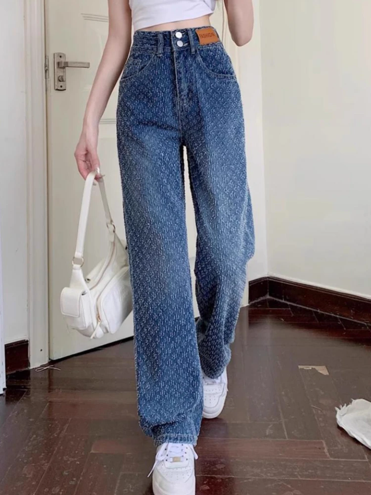 Y2K Spodnie Denim Straight Leg Women Longs Point High Waist Trouser Casual Baggy Loose Plus Size Retro Fashion Jeans Summer Autumn