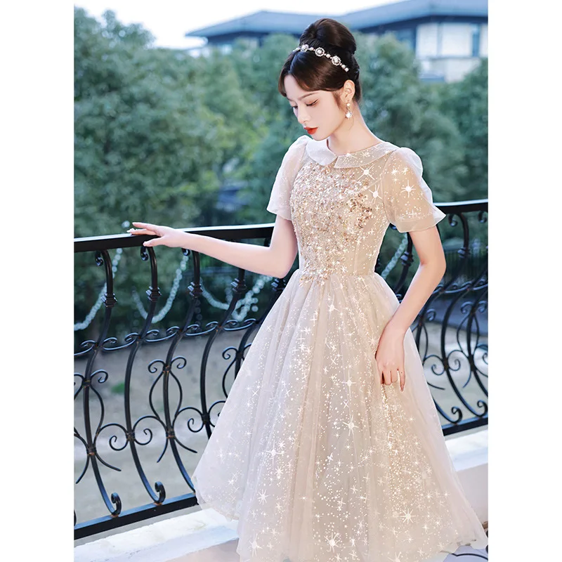 French Style Lapel Collar Short Sleeve Back Bandage A-Line Evening Dress Bride Bridesmaid Wedding Tulle Prom Gowns Vestidos