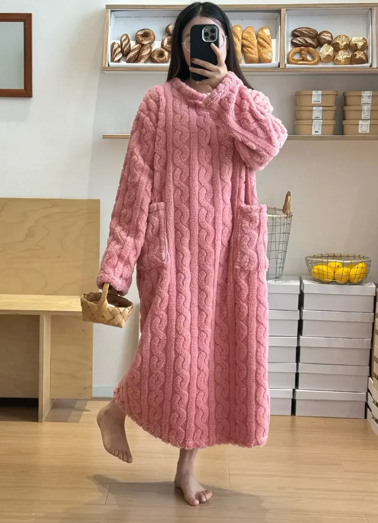 여성용 긴 소매 더블 포켓 플란넬 잠옷, 루즈 솔리드 잠옷, 자카드 나이트 원피스, 두꺼운 따뜻한 잠옷, 겨울