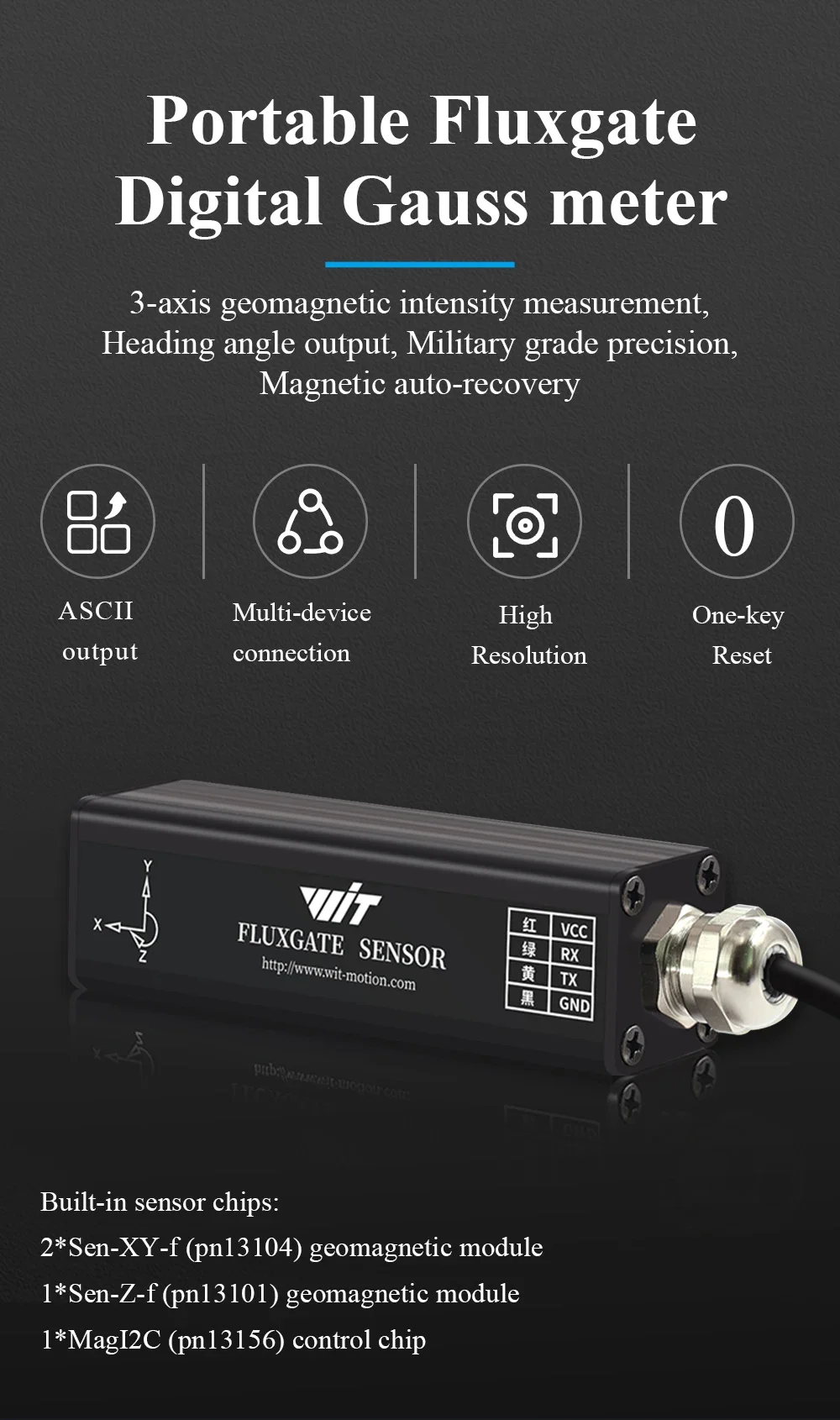 WitMotion HWT3100 Industrial-Grade PNI Magnetometer Heading Angle Fluxgate, RM3100 3-axis Electronic Compass Geomagnetic sensor