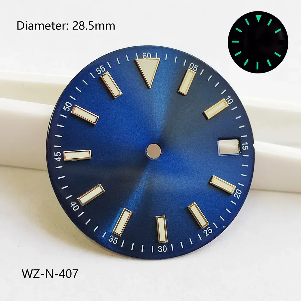 Esfera nh35 de 28,5mm, esfera sunburst azul y verde nh35 con una sola fecha para relojes de movimiento automático NH35, se puede personalizar el logotipo