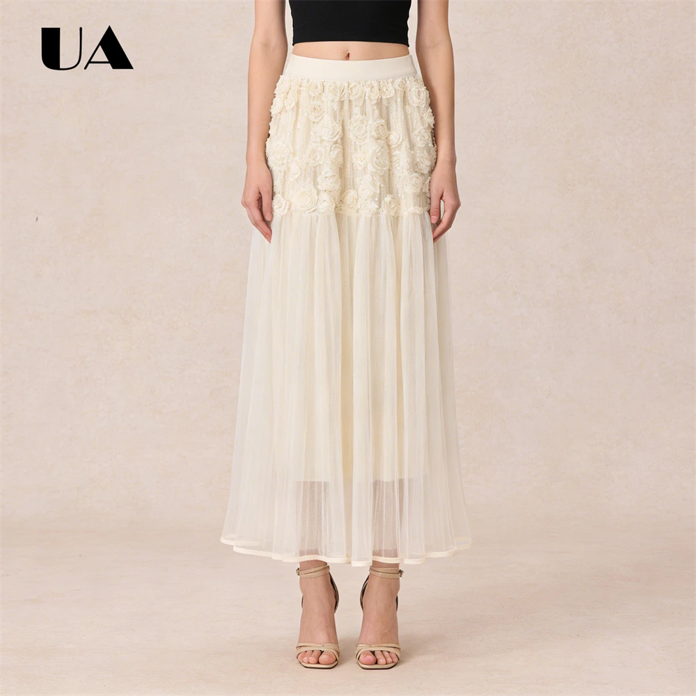 Apricot Rose Mesh Skirt for Women, Free Size Women's Romantic Skirts, Pleated Flowy Casual Skirt ULBYANRY