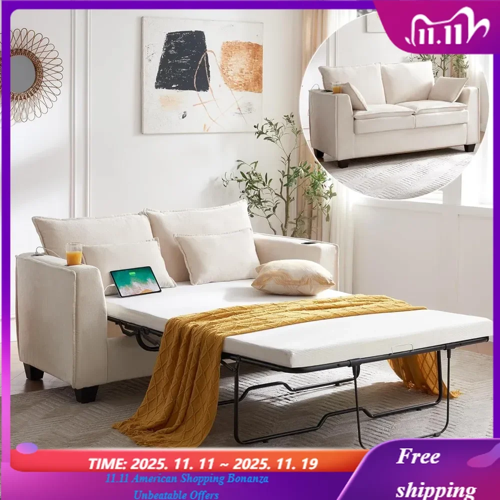 

2-in-1 Convertible Chenille Loveseat Sofa Bed with USB Charging Ports Memory Foam Mattress Sleeper Couch for Home Theater