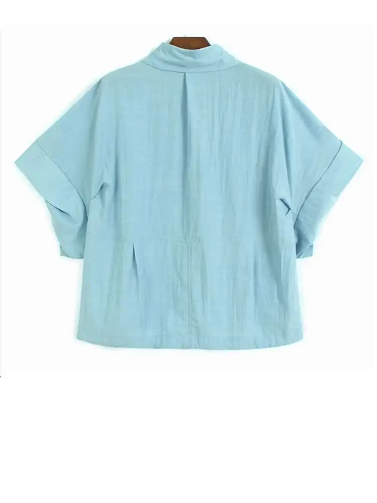 Women Blue Brief Pleated Big Size Thin Blouse New Lapel Short Puff Sleeve Shirt Fashion Tide Spring Summer