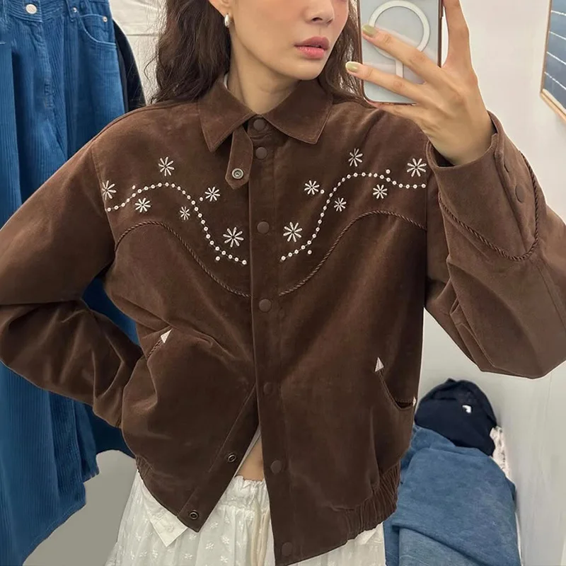 2025 Korean Japanese Fashion Embroidered Floral Western Collar Easy Care Flight Jacket