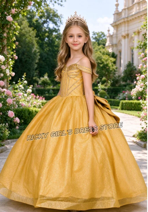Off Shoulder Gold Sequin Flower Girl Dresses For Wedding Floor Length Litter Princess Dress With Bow Customized Birthday Gown