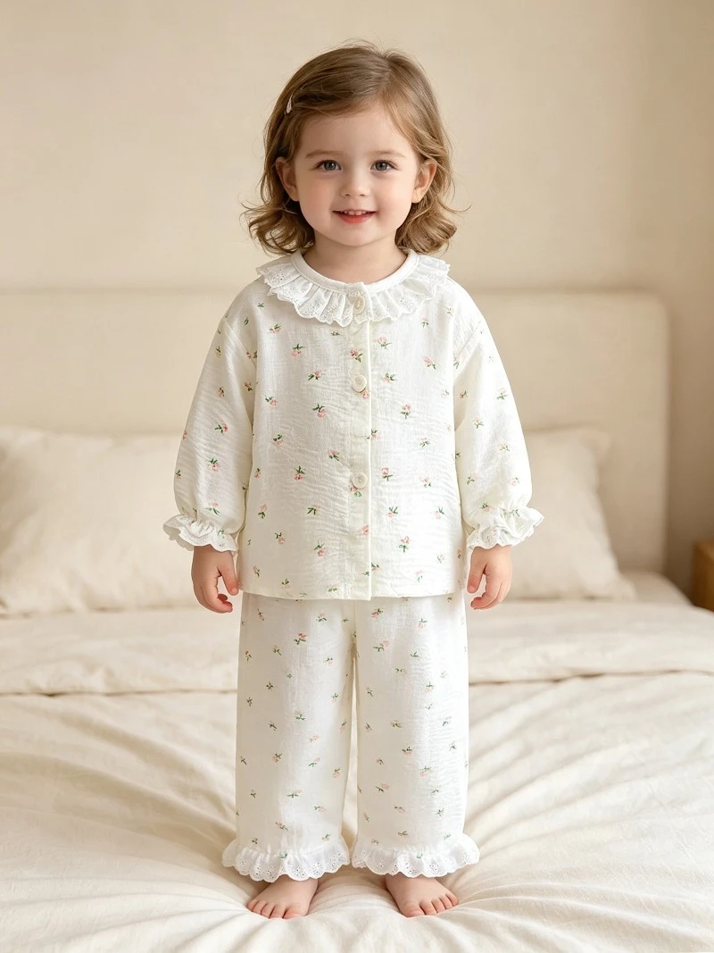 Neue süße Mädchen-Pyjamas mit Blumenmuster, 2-teiliges Set für Kleinkinder, Homewear für Mädchen, dünne Frühlings- und Herbst-Spitzenoberteile mit langen Ärmeln + Hosenanzüge – Detail 5