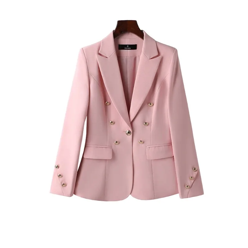 Pink Women Pant Suit Set Female Button Decoration Blazer+Trouser 2 Piece For Office Ladies Work Wear Spring Coat