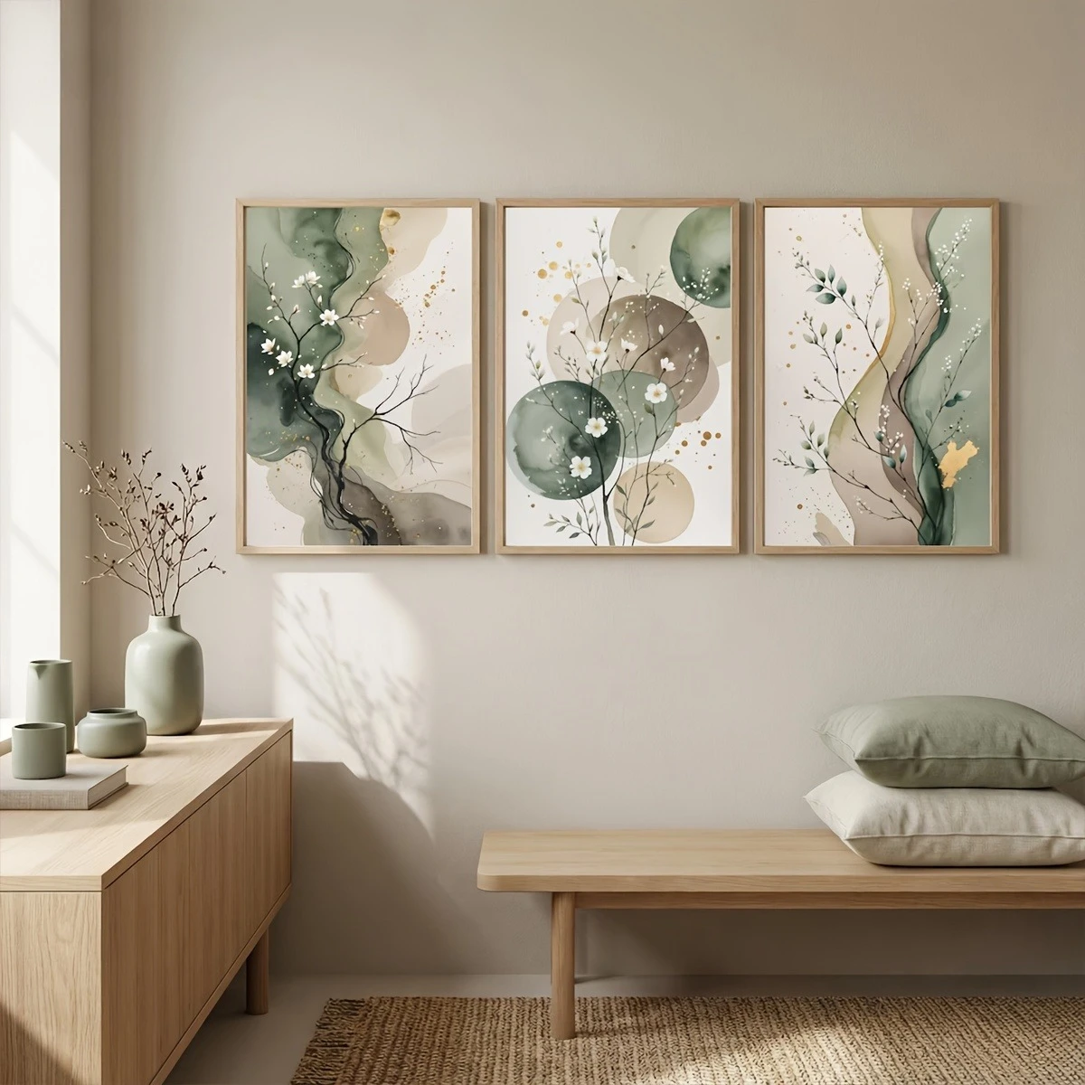Japandi Watercolor Botanical Canvas Print Sage Green Abstract Floral Wall Art  Abstract Botanical Print Poster Room Home Deco