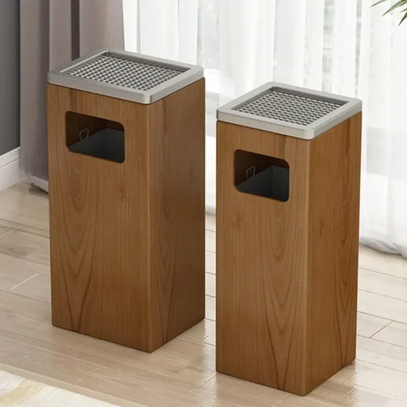 High-grade Wooden Trash Can with Ashtray Vertical Large Hotel Garbage Container Solid Wood Office Building Rubbish Bin