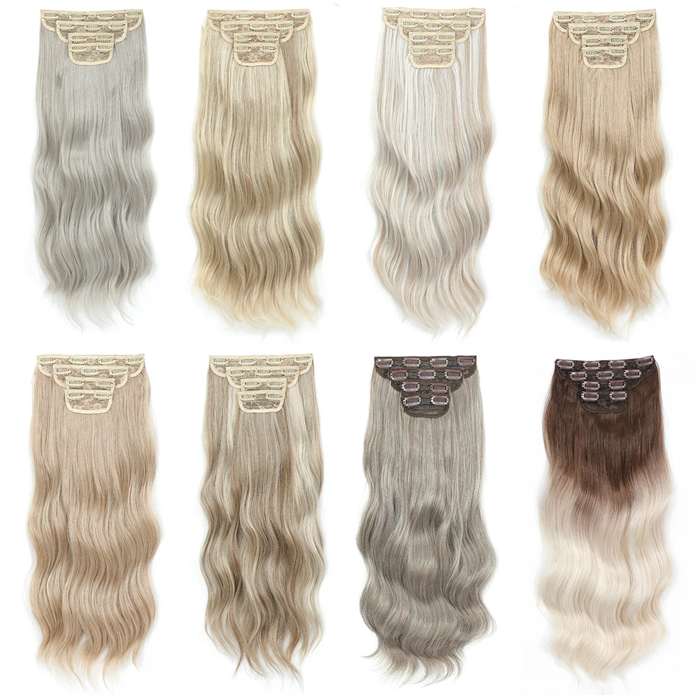 Clip In Hair Extensions 4 PCS Full Head 22 Inch Long Curly Synthetic Hair Pieces Natural Water Wavy For Women Girls Hair