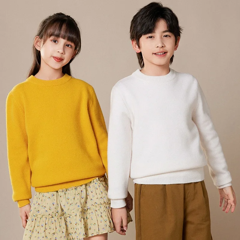 

Boys' winter wool sweater 100% pure wool longsleeved solid color round neck pullover sweater for teenagersgirlswarm wool sweater