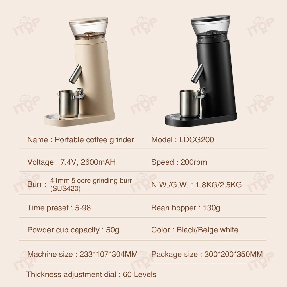 ITOP LDCG200 مطحنة القهوة المحمولة 2600 مللي أمبير شحن لاسلكي طحن 41 مللي متر 5 الأساسية لدغ 200 دورة في الدقيقة إعداد وقت الطحن 5-98 ثانية