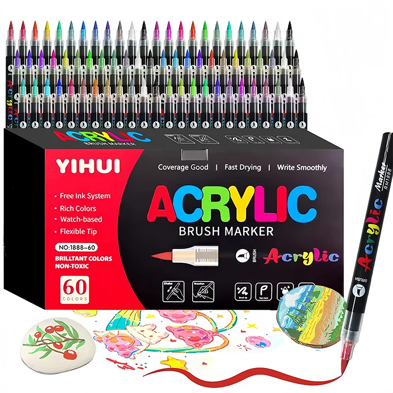 12/24/36/48/60 Colors Acrylic Paint Markers Pen Soft Brush Tip Markers Pen Set for Rock Stone Fabric Glass DIY Crafts Gifts