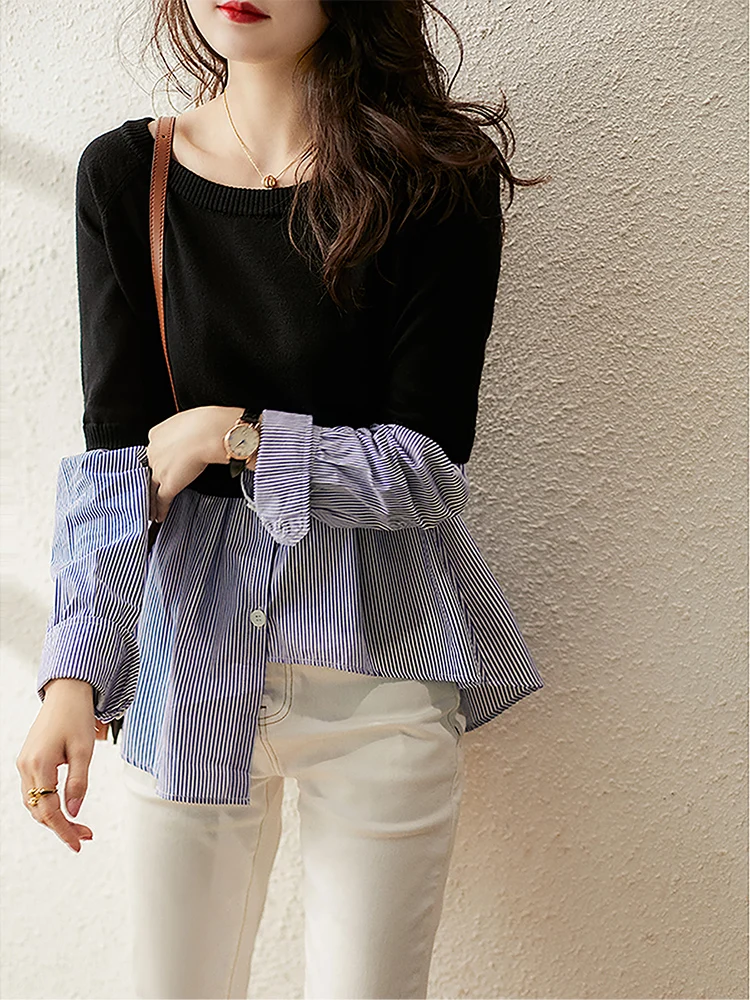 

Xhange Wool Knitted Sweater Fake Two-Piece Cheeky Lazy Sle Women's Faion Spring Commute Straight Cut Long Sve Crew Ne