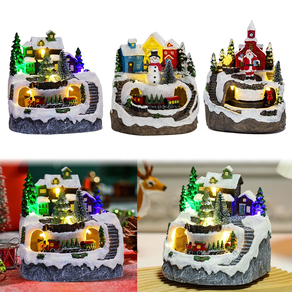 Christmas Village House with LED Lights and Music Rotating Train Resin Christmas Village Building Christmas Tabletop Decor Gifts