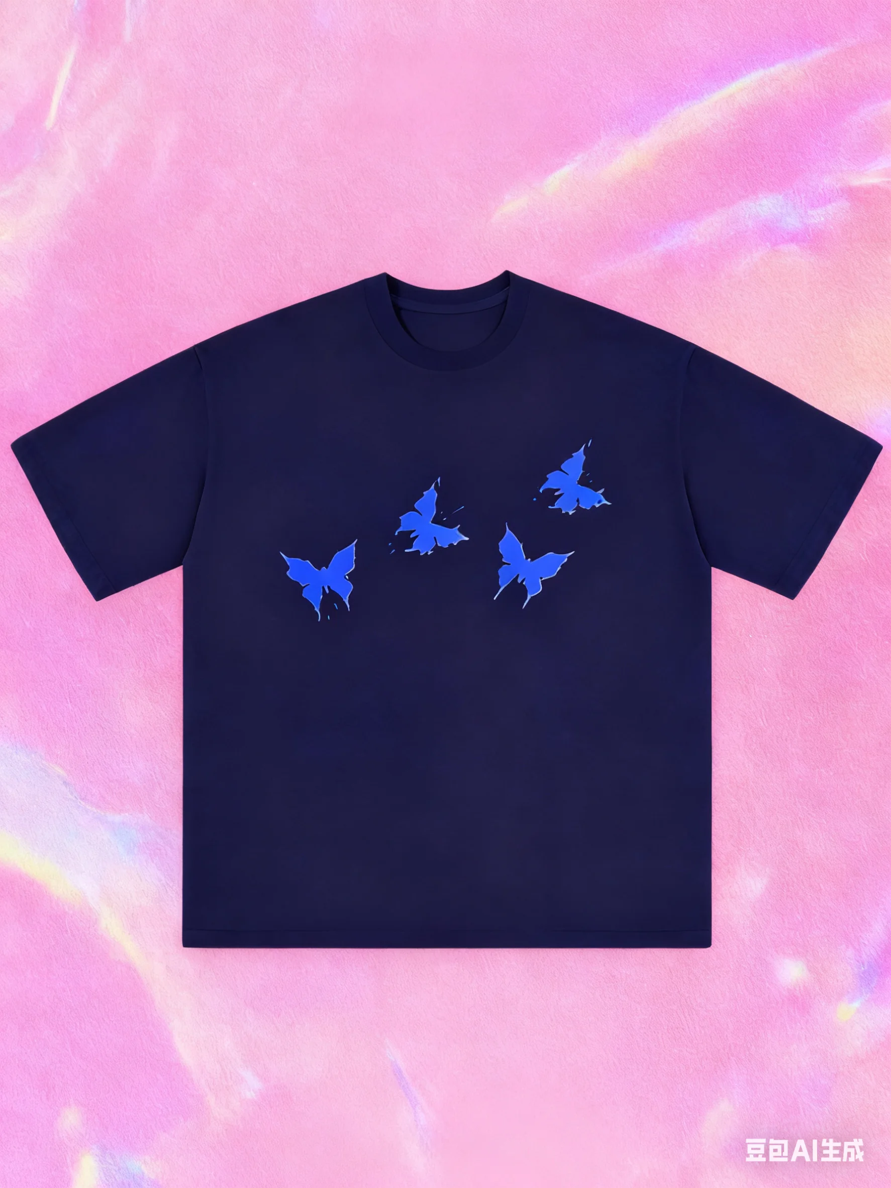 เสื้อยืดแขนสั้นพิมพ์ลายผีเสื้อสีฟ้าชวนฝัน เสื้อฤดูร้อนอเนกประสงค์เหมาะสำหรับคู่รัก