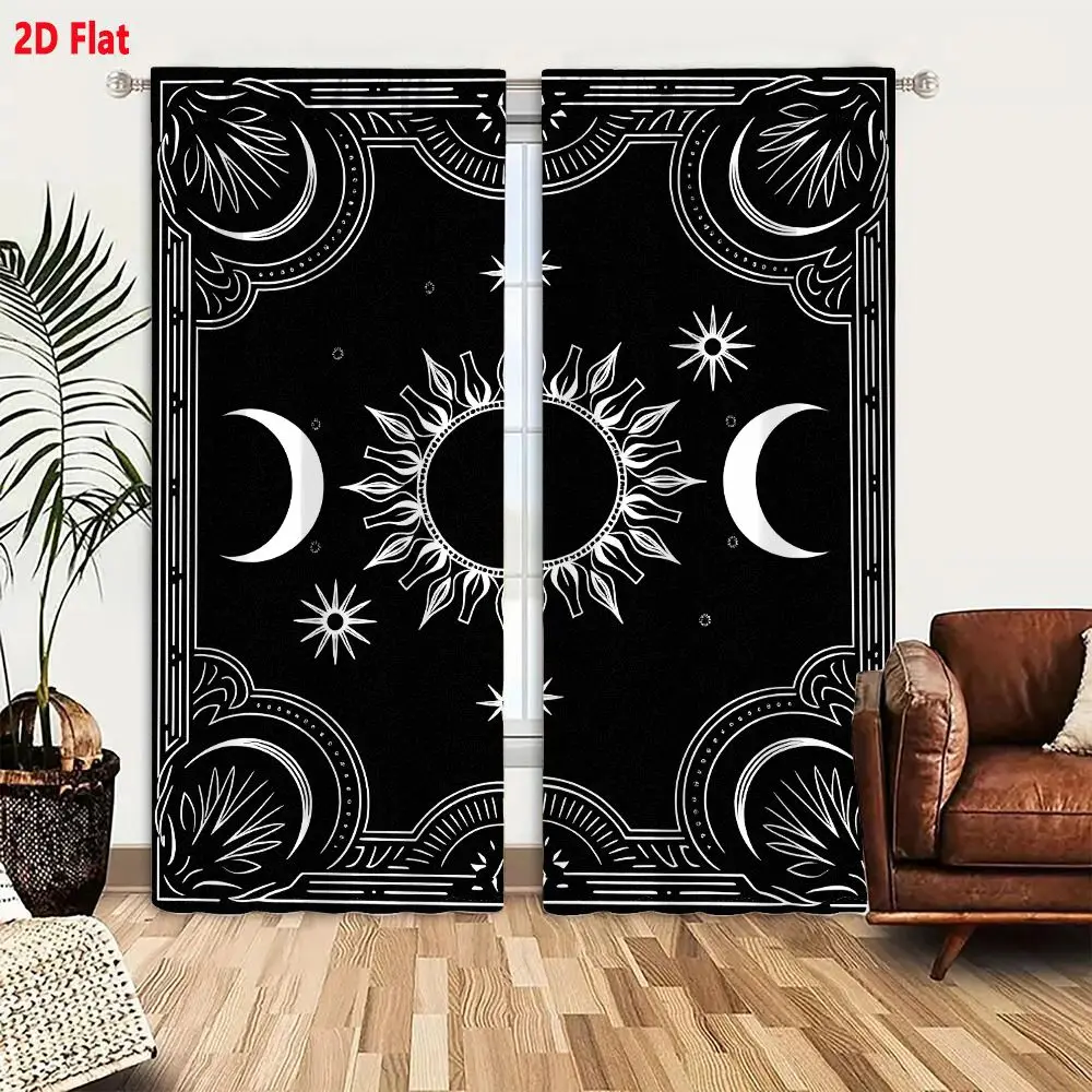 2Pcs Curtains Add 2D Flat Square Black And White Celestial Sun Moon Star Ornate Border Vintage Bandana Occult Tattoo Flash Art D