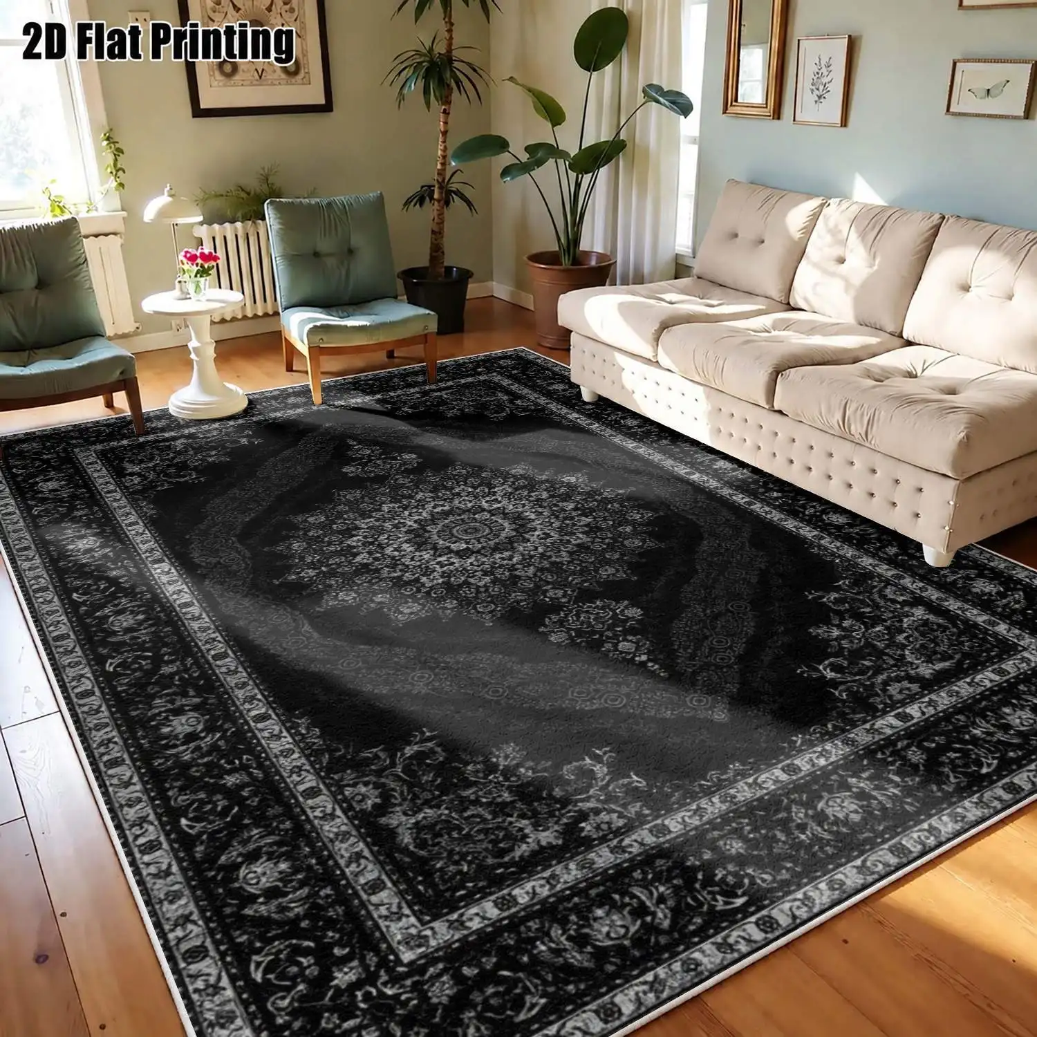 1Pc 2D Printed Black White Geometric Flower Velvet Carpet, Vintage Boho European Style, Multi-Size Machine Washable Home Decor Rug for Entrance, Dining, Bedroom, Living Room