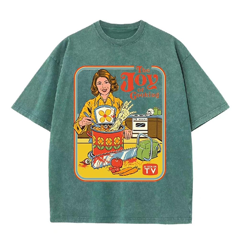 2026 Vintage Washed Khaki The Joy Of Cooking Retro Horror Housewife Graphic T Shirt Zombie Hand Chainsaw Cartoon Oversized Short