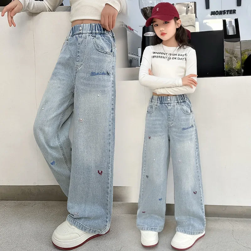 Teen Girls Embroidered Bow Nail Bead Jeans Streetwear Kids Child Y2k Hip-hop High Waist Straight Loose Denim Pants Trousers 4-14