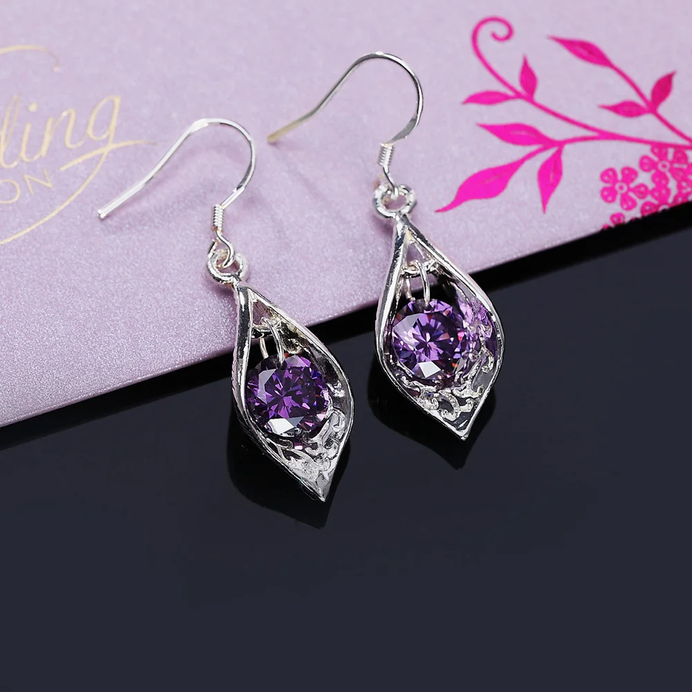 Charms Cute 925 Sterling Silver Earrings Fashion Jewelry Elegant Woman Crystal Amethyst Shell Lady Engagement Christmas Gifts