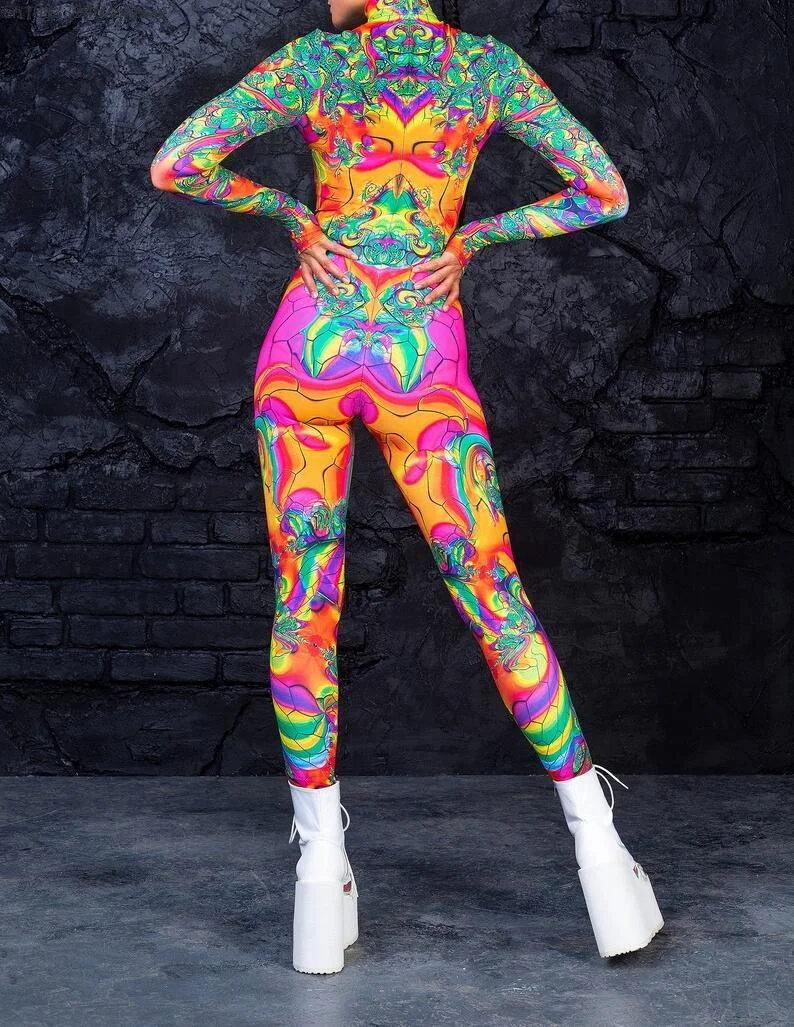 

Colorful 3D Printing Women Holiday Party Cyber Punk Rainbow Jumpsuit Onesie Halloween Cosplay Costume Elastic Bodysuit Romper