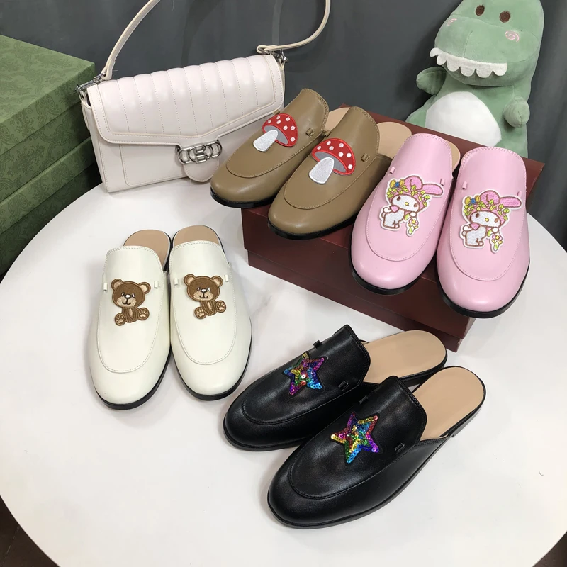 Casual lady Summer Sandals Mules  New Embroidered pattern Gold women\'s shoes Modern slippers flat shoes slippers Outdoor Slipper