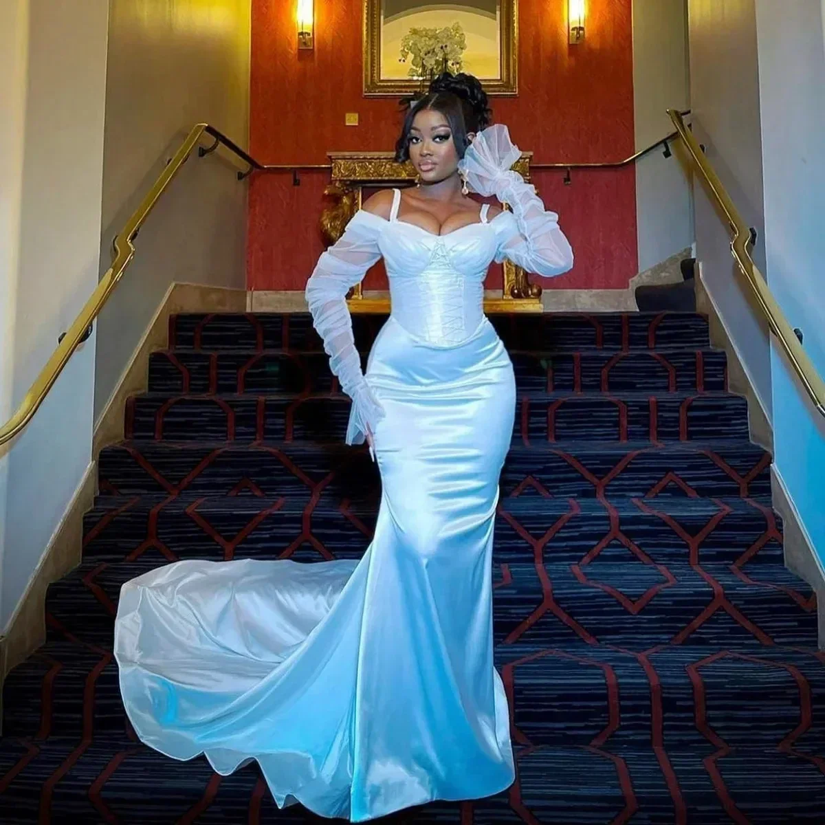 

Customized Spaghetti Strap Satin Mermaid Wedding Dresses Chapel Train Vestido De Casamento Backless Full Sleeves Bridal Gown