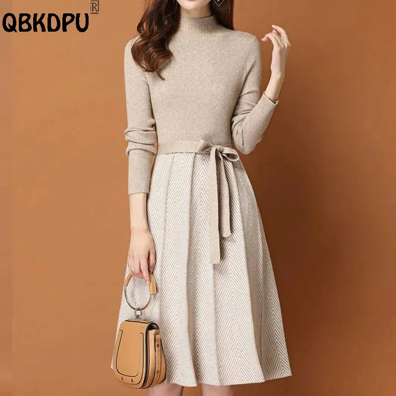 

Fall Winter Knitted Midi Dress Women Elegant Half Turtleneck Sweater Dress Fashion Pleated Vestidos Patchwork Long Sleeve Elbise