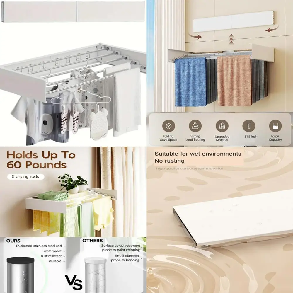 

Белая складная сушилка для белья с 5 стержнями, для внутреннего и наружного использования с настенным шаблоном, 31,5