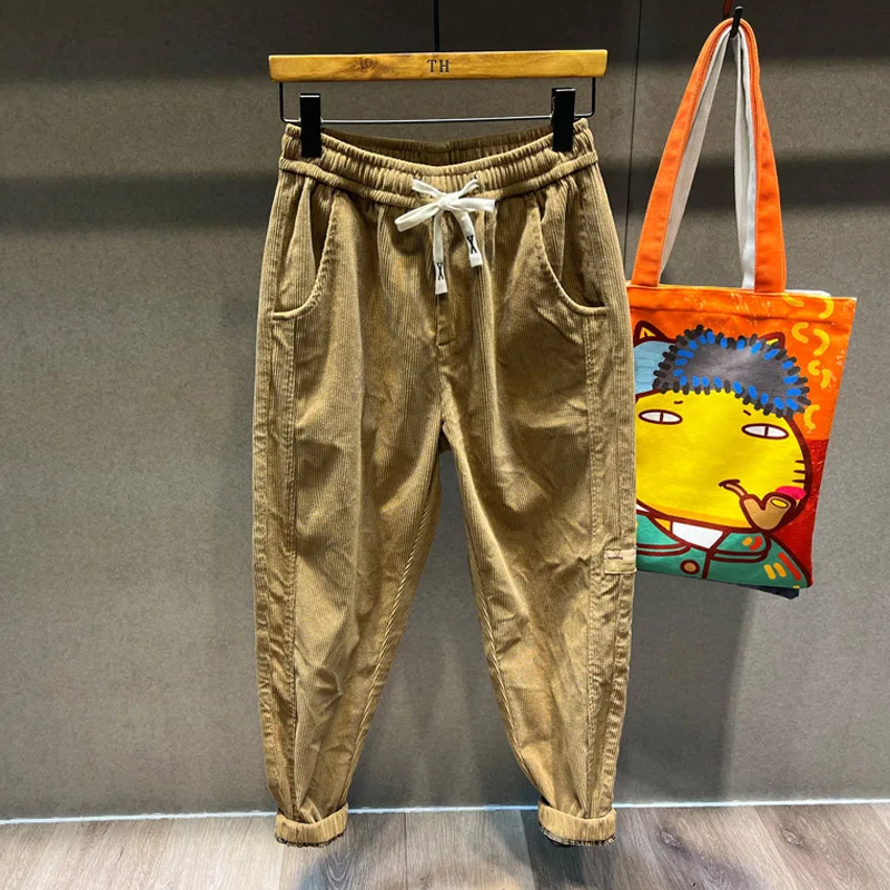 

Новые мужские вельветовые спортивные брюки с эластичной резинкой на талии цвета хаки, повседневные свободные брюки, осень-зима, весна, модные брендовые модные молодежные брюки