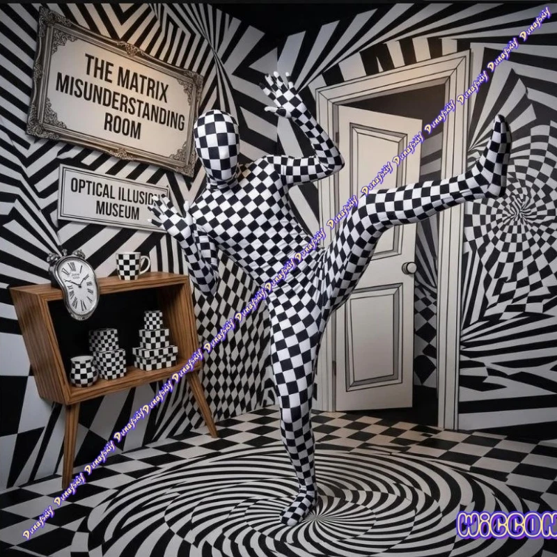 

Checkerboard Bodysuit Cosplay Costume Adult Men Black White Pattern Superhero Zentai Full Body Suit Halloween Jumpsuit Bodysuit