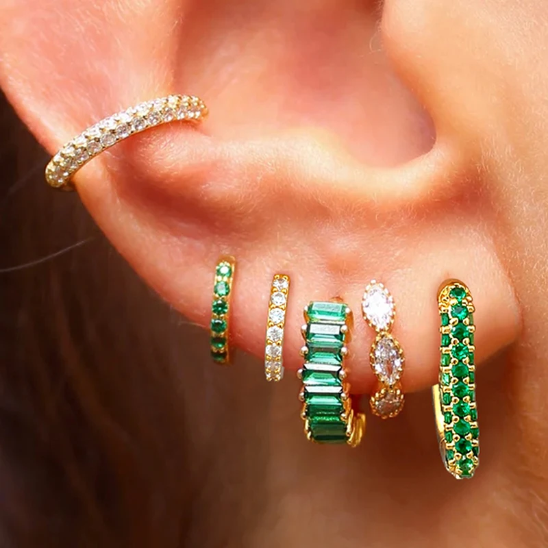 

TIANDE Green Cubic Zirconia Geometry Hoop Earrings for Women Gold Color Zircon Ear Cuff Earrings Set Fashion Jewelry Wholesale